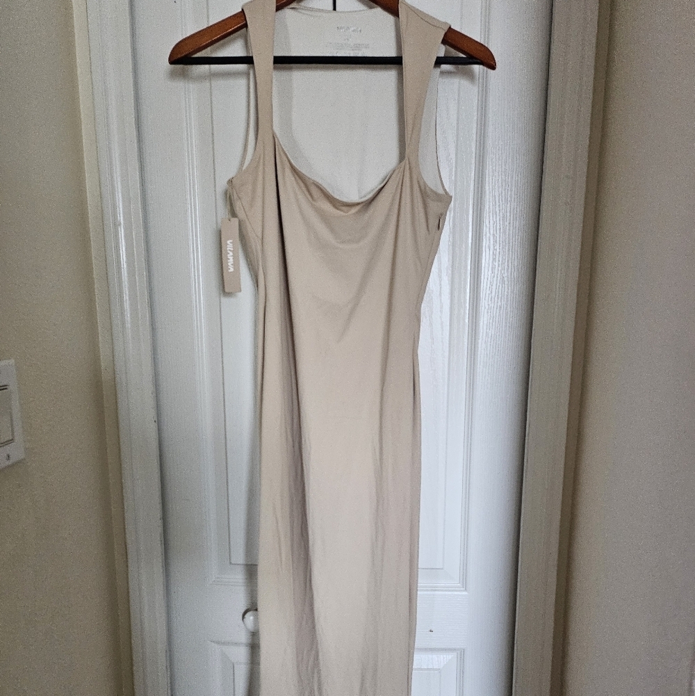Vilanva Nude Bodycon Maxi Dress XL Spaghetti Strap Stretch Slip Dress Minimalist - Picture 4 of 11